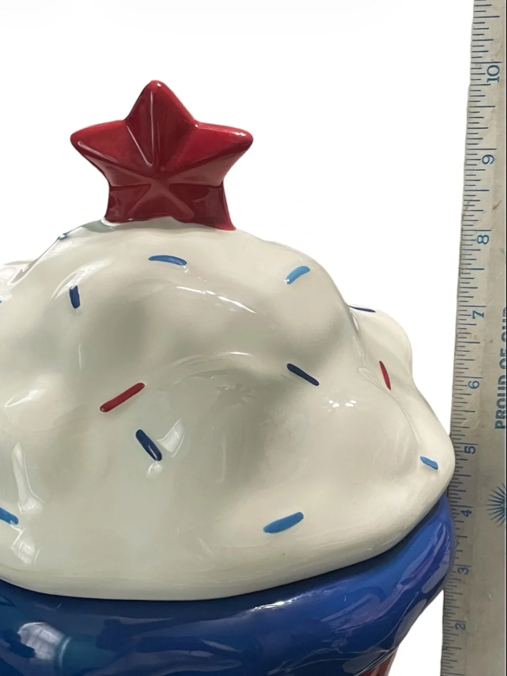 Patriotic Ceramics Cupcake shaped Cookie Jar In Patriotic Red, White & Blue